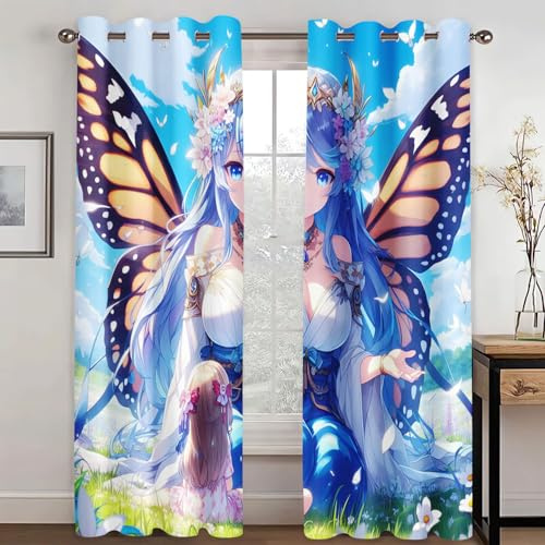 KARPIX Verdunklungsvorhänge 3D Schmetterling Vorhang Blickdicht, Anime Schmetterlings mädchen Polyester Vorhänge Bunt Schmetterling Fenstervorhang Für Kinderzimmer (2,100x140cm(2x50x140cm))