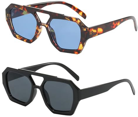BSITSSS 2 Paare Sonnenbrille, Retro Quadrat Sunglasses, UV-Schutz Sonnebrille Damen Herren, Klassische Hexagonal Sonnen Brille, Moden Sun Glasses, Ultra Leicht Fit-Over Sonnenbrille