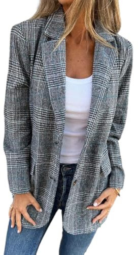 IDEALSANXUN Blazer da Donna in Tweed Autunno Inverno Casual Plaid Pied de Poule Blazer da Lavoro Giacche, Blu, Large