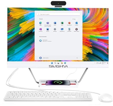 SIUGHVA All-in-One Desktop Computer 24 FHD Display PC, i7 Quad-Core Windows 11, 16GB RAM, 512GB SSD, Wireless Charging Function, Wired Keyboard & Mouse, RGB Speaker & Webcam, White (i7/16G/512G)