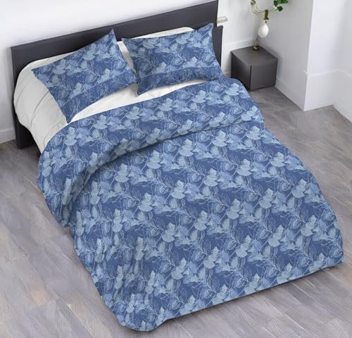 Riad Arredo Bettwäsche-Set, weich, 100 % reine italienische Baumwolle, Bettbezug mit Kissenbezügen, hergestellt in Italien (blaue Blätter, Einzelbett 155 x 240 + 1 Kissenbezug 52 x 82)