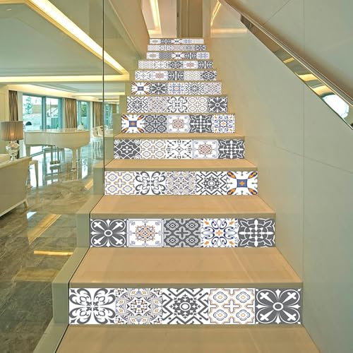 13 pcs Treppenaufkleber selbstklebend 3d für Holzstufen, wasserdichte Kunstaufkleber für den Innenbereich, professionelles DIY Vinyl Upgrade, graue Vintage Fliesen