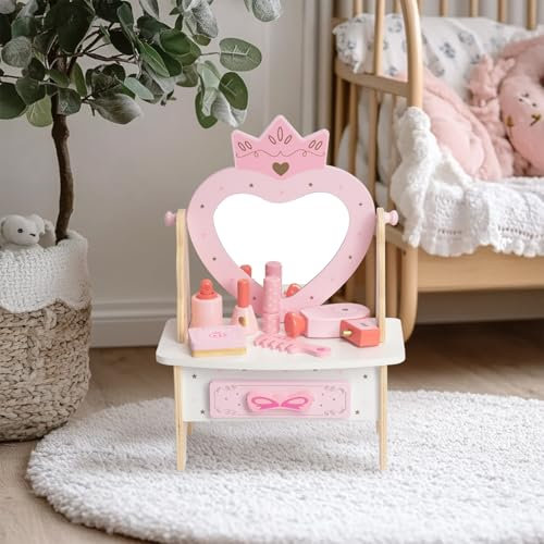 WOODENFUN Tavolo da Toeletta in Legno per Ragazze Con 7 Pezzi, Cassetto Girevole a 360°, Rosa per Bambini