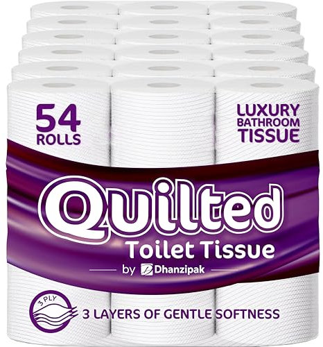 DHANZIPAK 54 Rolls of 3-Ply Premium Quilted Toilet Paper | Generous Length per Roll | Luxuriously Soft, Strong & Highly Absorbent Toilet Tissue
