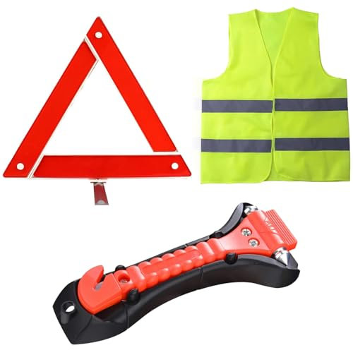 Ksvaye 3 in 1 Kit Emergenza Auto ECE Pieghevole Triangolo Auto Omologato con Martello di Emergenza per Auto con Taglia Cinture e Gilet Alta Visibilità , per Automobile Moto Camper