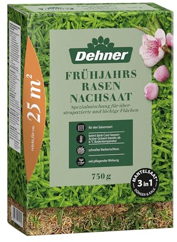 Dehner Saatgut Frühjahrs-Nachsaat, hochwertige Mantelsaat für dichten Rasen, schnell keimend/nährstoffreich/regenerierend, ideal zur Lückenschließung nach dem Winter, 750 g für ca. 25 m²