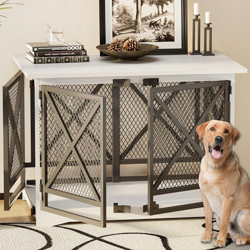 COZPAW Large Dog Crate Furniture - 48 inch Heavy Duty Dog Kennel Indoor for XLarge Breed with Double Doors, Wooden Dog Cage XL Modern Decorative End Table Pet House (White)