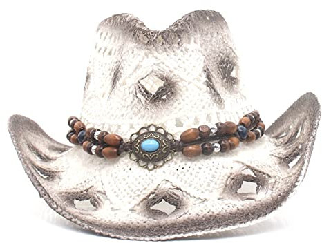 Adult Men Women Summer Casual Beach Hat, Bead Decor Top Hollow Out Straw Cowgirl Cowboy Hat for Vacation (01White Coffee, ONE Size)