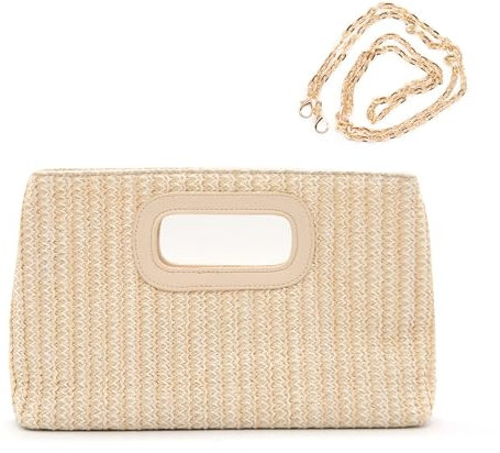 Long Keeper Straw Clutch Handbags - Women Top Handle Clutch Evening Bag Raffia Woven Summer Beach Purse Travel Crossbody Shoulder Bag with Chain (Beige)