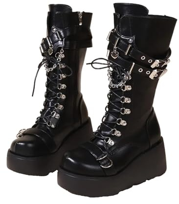 Plateau Stiefel Nieten Schnalle Wedges High Damen Stiefel Punk Spice Chic Biker Rider Boots, Schwarz , 39 EU