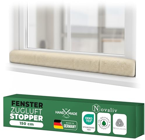Zugluftstopper für Fenster 150cm Natur Schurwolle – stoppt Zugluft & Kälte, dämpft Lärm/Staub/Licht, rutscharm, ohne Bohren; für Fensterbank/Rahmen, Spalt abdichten, Innenbereich, Einzelstück