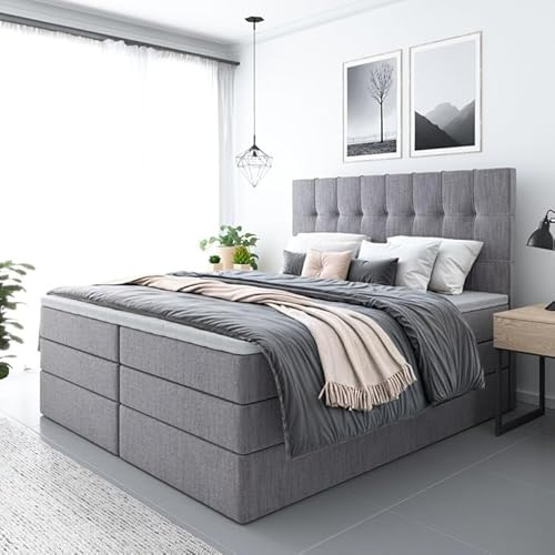 EURO-MOEBEL Boxspringbett FARO Plus mit Bettkästen, Doppelbett, VISCO Topper, Bett mit Stauraum (Dunkelgrau : Aura 24, 200 x 200 cm)