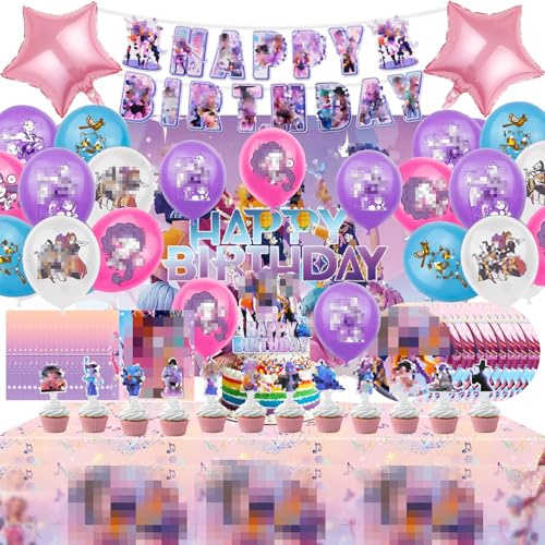 Holyhcx 60PCS KPO Decoration Anniversaire,Ballon Anniversaire Décoration de Fête,Deco Anniversaires Avec Bannière,Ballons,Cupcake Toppers,Serviettes,Assiettes,Nappe,Ballons de baudruche