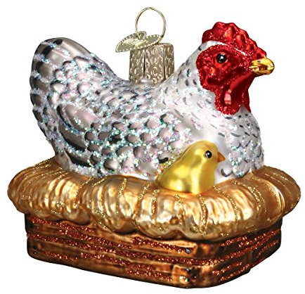 Old World Christmas Farm Animals Glass Blown Ornaments for Christmas Tree, Hen on Nest
