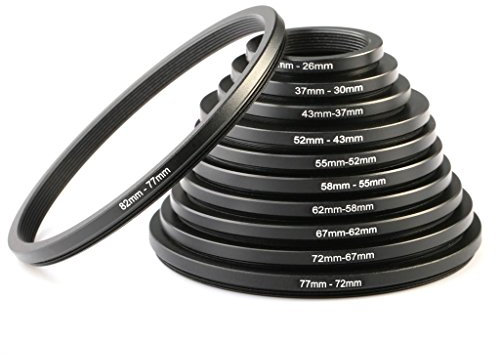 K&F Concept 11 teiliges Filteradapter Set,Step Down Ring Set 30-26,37-30,43-37,52-43,55-52,58-55,62-58,67-62,72-67,77-72,82-77MM Step down Adapter Verkleinernde Filteradapter für Canon Nikon Sony