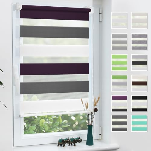 Grandekor Store Enrouleur Jour Nuit sans Perçage 85x150cm (Toile 85cm) | Blanc-Anthracite-Aubergine Double Tissu Réglage Lumière Protection Intimité Facile à Installer pour Fenêtre Porte