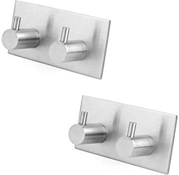 Milti Gancho Adhesivo de Acero Inoxidable Cepillado 304 [2 Piezas] - Plateado - Toallero de Diseño sin taladro para su Baño o Cocina - No volver a taladrar - Adhesivo 3M
