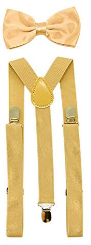 SUNTRADE Hosenträger für Herren und Damen, elastisch, Y-Form, verstellbar, mit Clips und Fliege Gr. Einheitsgröße (Gold)