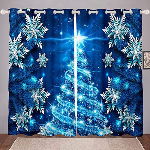 Loussiesd Weihnachtsbaum-Fenstervorhänge mit weihnachtlichem Motiv, schicke Winter-Schneeflocken-Fenstervorhänge für Mädchen, Tochter, Schlafzimmer, Dekoration, Mädchen, Glitzer-Ösen, B 66 x L 72 cm