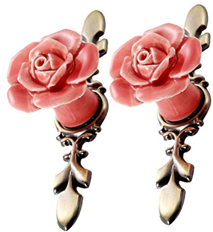 BESPORTBLE 2pcs Rose Ceramic Flower Cabinet Knobs with Bronze Backplate Vintage Kitchen Drawer Pull Handles Door Knob for Dresser Cupboard Wardrobe Kitchen Pink