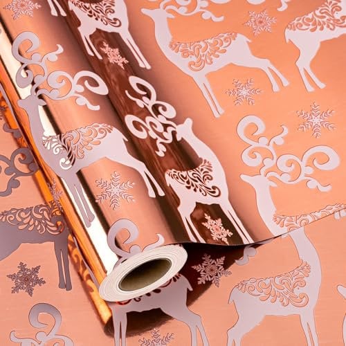 MAYPLUSS Christmas Reversible Wrapping Paper - Mini Roll - 17 Inch X 32.8 Feet - Rose Gold with Glitter Metallic Foil Design (47.3 sq.ft.ttl)
