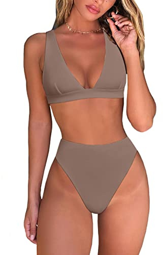 fatty tiger Maillot de bain 2 pièces sexy taille haute avec string et haut triangle brésilien et col en V profond pour femme, café, Taille XL