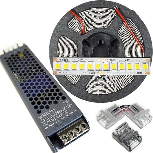 Mondo Strisce Led: Kit da 5 metri di Strip Led 120W (1 Bobina da 5mt + 1 Trasformatore Slim da 150W), Altissima Luminosità 10.000Lumen 1200Led 24V Bianco Naturale 4500k Striscia SMD2835 ip20