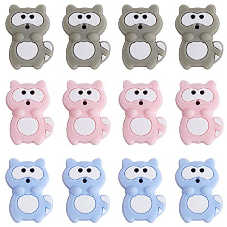 WEWAYSMILE 12 Stück Geometrie Silikonperlen, Silikonperlen Masse, Bunte Runde Silikonperlen, Für Schlüsselanhänger Halskette Armband Basteln DIY (Waschbär)