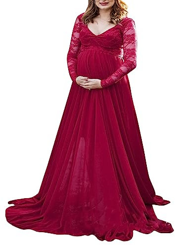 LAEMILIA Robe Grossesse Shooting Photo Robe Maternité Photoshoot Robe Enceinte Photographie Longue Robe en Dentelle Chic Col en V Robe de Ceremonie Femme Mariage Soirée Couleur Unie S-XL