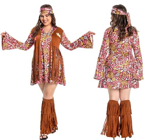 Fairycos Hippie Kostüm Damen Große Größen 50 52 70er Jahre Bekleidung Übergröße Hippie Kleid Kleidung Schlagermove Outfit Faschingskostüme Frau