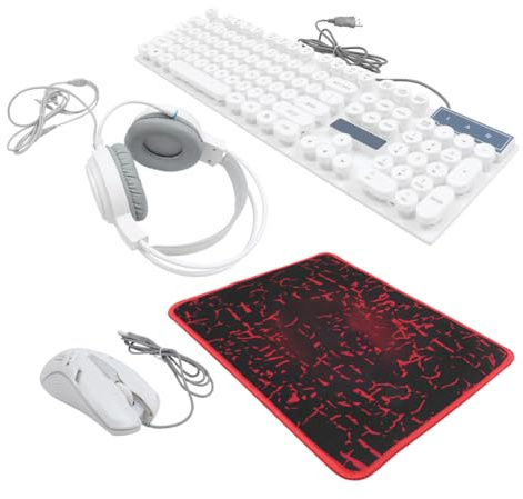 Tastiera e Mouse Combo USB 2.0 104 Tasti Abs Bianco | 4 Pulsanti, Retroilluminazione Colorata, Design Ergonomico, Audio 3, 5mm