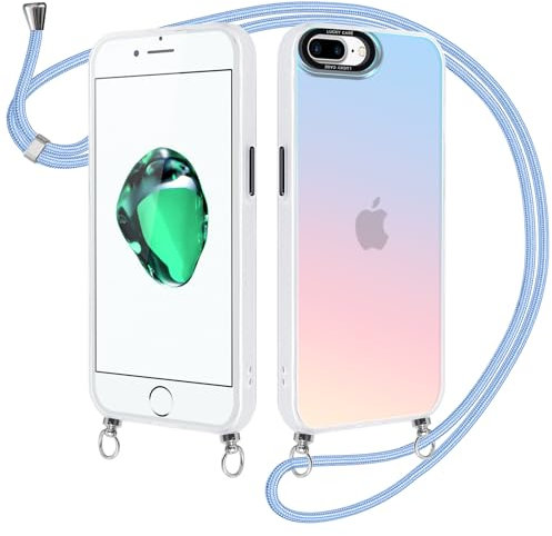 Xylota Handykette für iPhone 7 Plus/8 Plus 5.5 '' Hülle mit Band, Bunt Matt Silikon Handyhülle Bumper Case mit Kette Kordel Schlüsselband, Stoßfeste Schutzhülle für iPhone 8 Plus zum Umhängen, Blau