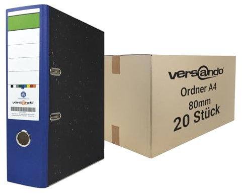 versando 20x breiter Premium Ordner DIN A4 Rücken 8cm Aktenordner Ringordner - Blauer Engel zertifiziert - blau (1 Karton)