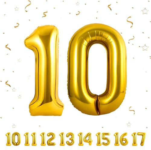 Zahlen luftballon 10 jahre | Gold Folienballon-4010 Geburtstagsdeko -10 Ballon Zahl Deko zum Geburtstag fliegt mit Helium 10.Geburtstag für Männer Frauen 10.Geburtstagsparty Jubiläum