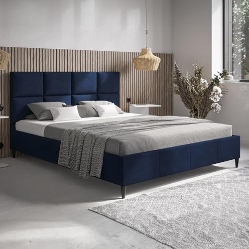 MOTIVENA Aria Polsterbett 180x200 mit Füßen, Bett 180x200 mit lattenrost, Polsterbett 180x200 ohne Bettkasten, Polsterbett 180x200 Samt, mit Kopfteil, ohne Matratze, Blau (Dunkelblau)