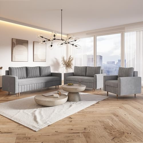 MOTIVENA Leo Sofagarnituren, Sofa Set 3 2 1 Wohnzimmer, Sofa 3 2 1 Set, Couch Set, Futon Set, Wohnzimmer Couch Set, Couch 3 2 1 Set, Bonellfederkern (H4), Samt, Grau Hellgrau