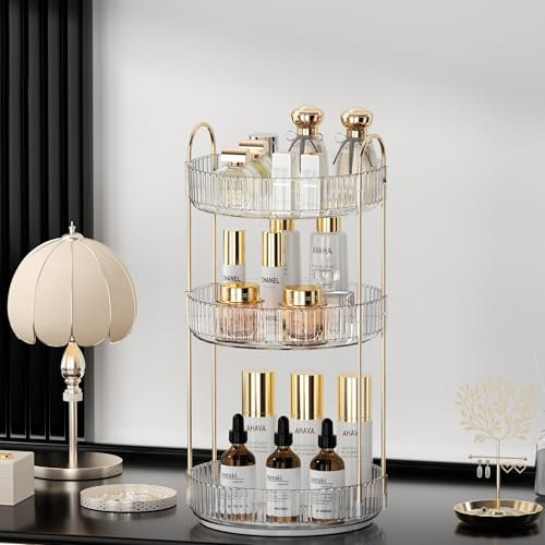 LEIKOSUP Organizzatore di Trucco Rotante a 360°, Porta Trucchi Organizzatore Grande Capacità,Organizzatore di Profumi,Organizer Trucchi Multifunzione per Toeletta,Camera da Letto,3 Livello Trasparente