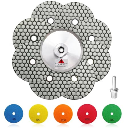 SHDIATOOL Diamond Dry Polishing Pads - 8pcs 100mm (3pcs Grit 50+2pcs Grit 100+3pcs Grit 200/400/800) Polishing Kit and M14 Aluminium Backer for Granite Marble Artificial Stone Quartz for Angle Grinder