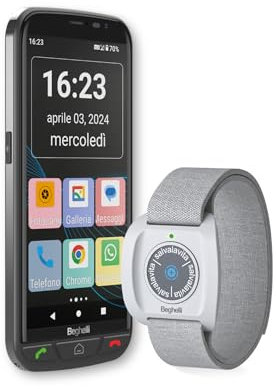Beghelli - Kit Salvalavita Smartphone SLV55 + Bracciale Band Plus Telefono Anziani, 4G, SOS, Chiamata Rapida, Telesoccorso Indossabile, GPS, Sensore Caduta, Ampio Display 5.5 Pollici, Nero