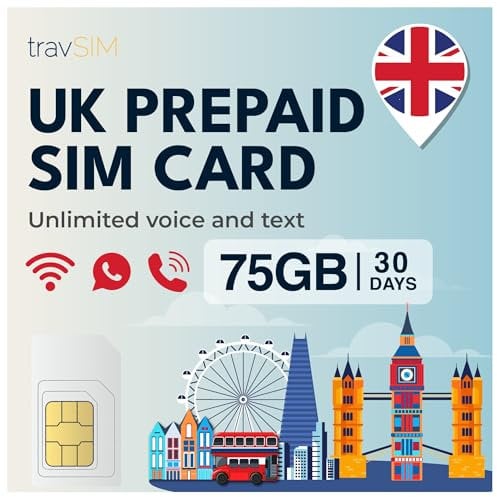 travSIM UK SIM Card | 75GB Datos + Llamadas y Textos Ilimitados | Velocidades 4G/5G | Funciona en Todo el Reino Unido | Tarjeta SIM UK es válida por 30 días