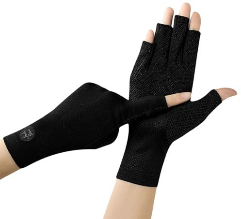 Symphonyw Damen Sommer Halbfinger Handschuhe, Dünn Baumwolle UV-Schutz Touchscreen Handschuhe, rutschfest Sonnenschutz Fäustlinge für Outdoor Autofahren Radfahren (B-Schwarz)