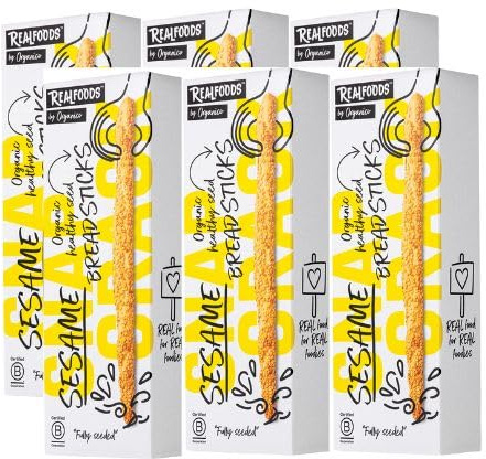 Realfoods by Organico | Organic Italian Sesame Breadsticks with Extra Virgin Olive Oil – Super Seeded Crunch, 120g (Pack of 6)