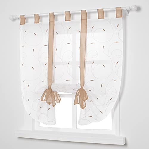SIMPVALE 1 Stück Raffrollo Vorhänge, Beige 140x140 cm Voile Vorhang mit Raffinierten Floralen Stickereimustern, Transparente Gardinen für Wohnungen, Schlafzimmer, Wohnzimmer, Küche