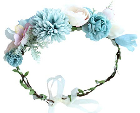 Brikuinr Boho Flower Crown Floral Headband Garland Hair Wreath Halo Blue | Hair Garland Floral Headpiece for Halloween Renaissance Wedding Party Prom Cosplay Costume, Bridal Shower, Photo Props, Beach