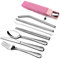 HaWare 9 Piece Individual Portable Hammered Cutlery Sets, Stainless Steel Camping Travel Flatware for 1 with Knife, Fork, Spoon, Chopsticks, Cleaning Brush, Straws, Portable Case & Bag (Pink)
