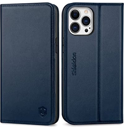 SHIELDON Wallet Case for iPhone 13 Pro Max, Shockproof Genuine Leather Magnetic Case, Card Holder RFID Blocking TPU Shell Kickstand Flip Cover Compatible with iPhone 13 Pro Max 6.7 5G 2021, Navy Blue