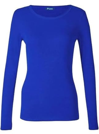 New Ladies Long Sleeve Round Neck Plain Basic Women's Stretch T-Shirt (Royal Blue, 10)