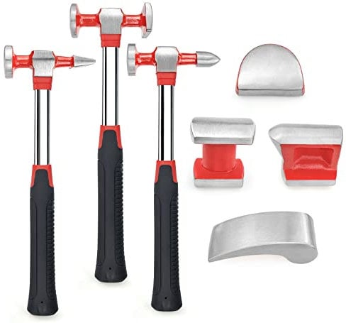 YIYITOOLS 7Pcs Auto Body Repair Tool Hammer Dolly Set, Car Body Repair Tool Kit，Carbon Steel Dolly and Hammer Dent Body Fender Tool Set,YY2020064