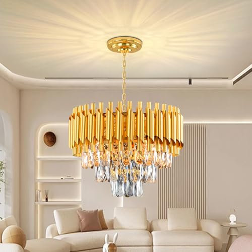 AHXIAOZN Modern Kronleuchter Kristall Leuchte,3 Ebenen Regentropfen Kristall Kronleuchter Leuchte 5xE14 Lichter,Kristall Deckenleuchte gold für Esszimmer, Küche, Wohnzimmer, Schlafzimmer(Gold 40cm)