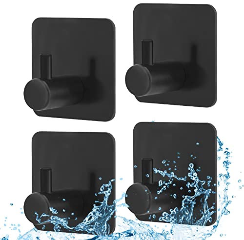 4 Pack Space Aluminum Self Adhesive Hooks - Max 3kg, Waterproof Black for Bathroom, Bedroom, Kitchen, Door, Wall